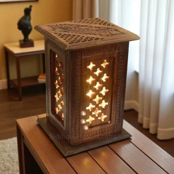 Elegant Wooden Carved Square Table Lamp - Unique Handcrafted Home Decor