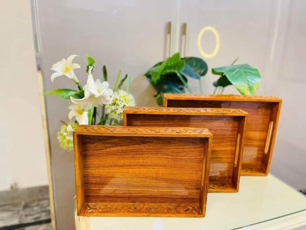 Wooden Tray Set Jali Work Trays for Home & Kitchen (3 Pcs Set)