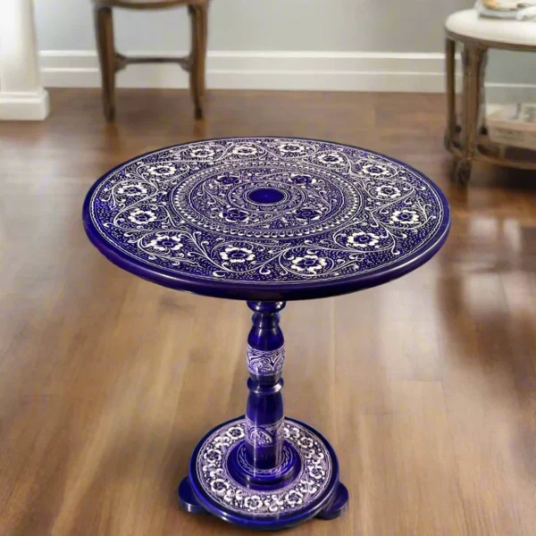 Blue & White Art Coffee Table – 18" Round Handcrafted Nakshi Art Table